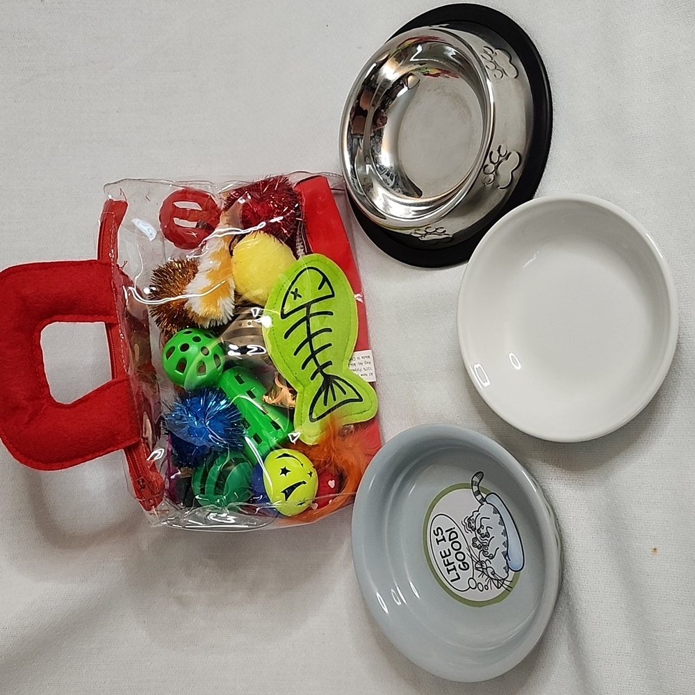 NWOT Suitcase of  20 Cat Toys with Bowls